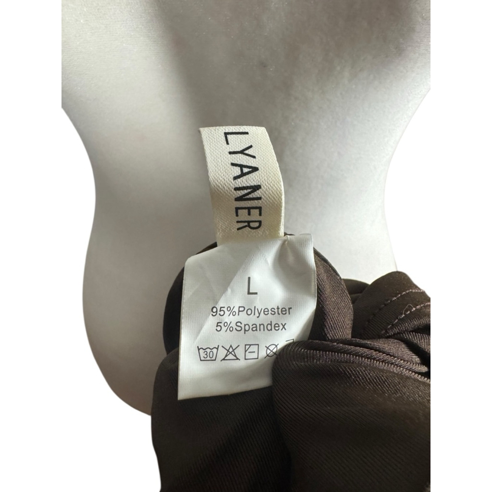 Size L LYANER Chocolate Brown Ruched V-Neck Sleeveless Form-Fitting Midi Dress - Picture 3 of 7